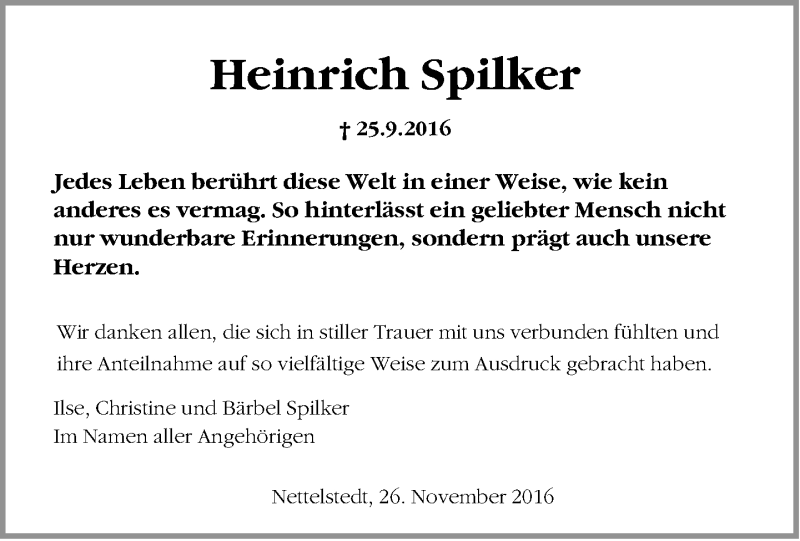  Traueranzeige für Heinrich Spilker vom 26.11.2016 aus Neue Westfälische