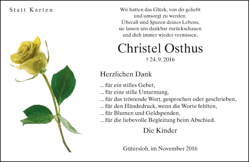  Traueranzeige für Christel Osthus vom 05.11.2016 aus Neue Westfälische