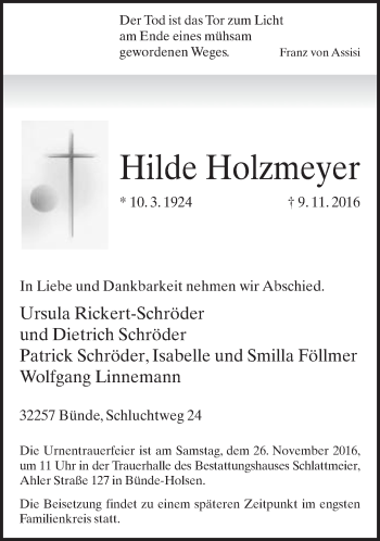 Traueranzeige von Hilde Holzmeyer von Neue Westfälische