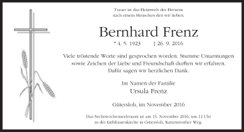 Traueranzeige von Bernhard Frenz von Neue Westfälische