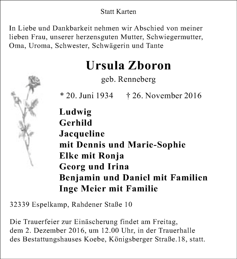  Traueranzeige für Ursula Zboron vom 30.11.2016 aus Neue Westfälische