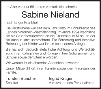 Traueranzeige von Sabine Nieland von Neue Westfälische