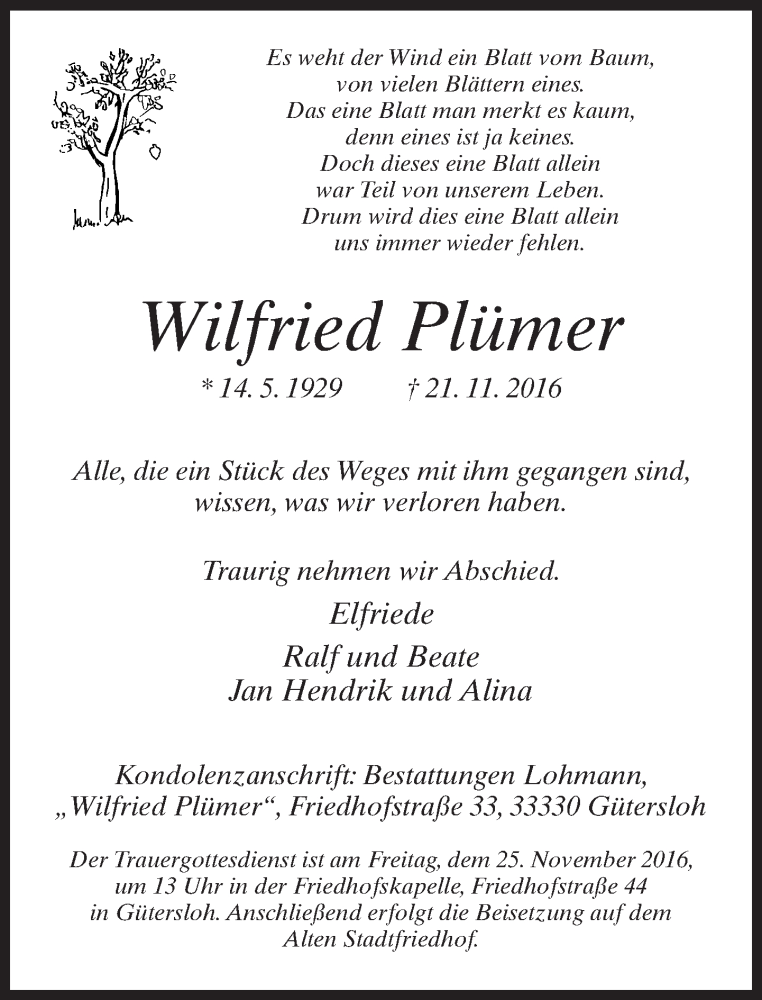  Traueranzeige für Wilfried Plümer vom 23.11.2016 aus Neue Westfälische
