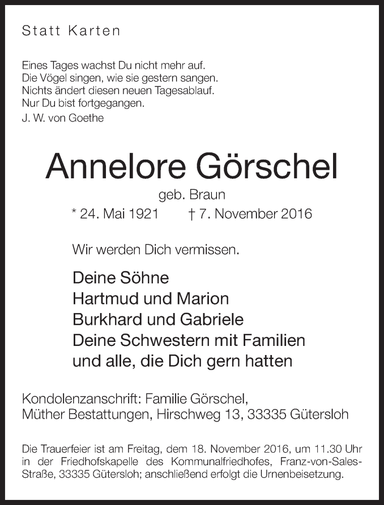  Traueranzeige für Annelore Görschel vom 12.11.2016 aus Neue Westfälische