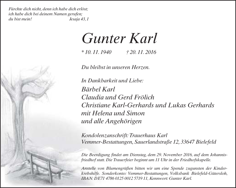  Traueranzeige für Gunter Karl vom 26.11.2016 aus Neue Westfälische