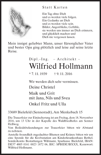 Traueranzeige von Wilfried Hollmann von Neue Westfälische