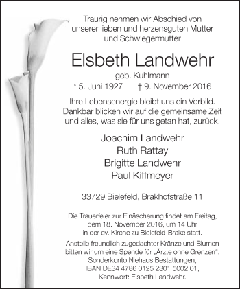 Traueranzeige von Elsbeth Landwehr von Neue Westfälische