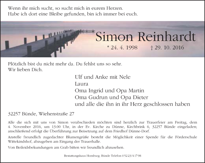  Traueranzeige für Simon Reinhardt vom 01.11.2016 aus Neue Westfälische
