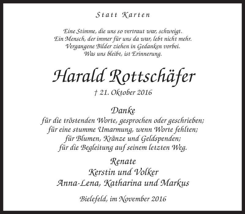  Traueranzeige für Harald Rottschäfer vom 23.11.2016 aus Neue Westfälische