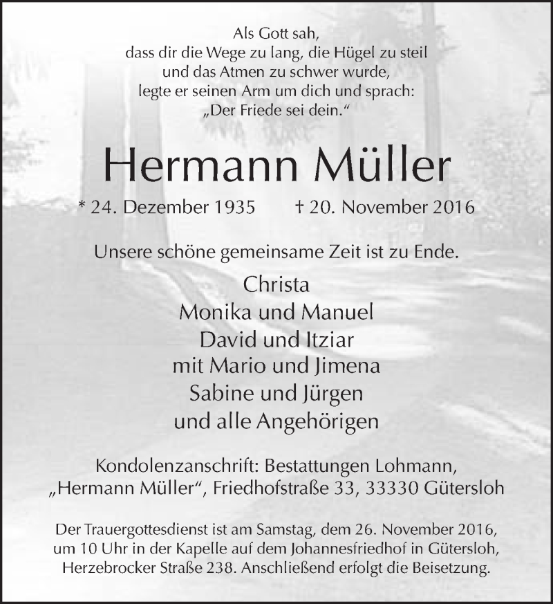 Traueranzeige für Hermann Müller vom 23.11.2016 aus Neue Westfälische