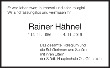 Traueranzeige von Rainer Hähnel von Neue Westfälische