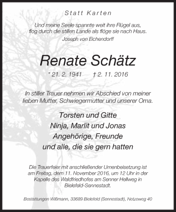 Traueranzeige von Renate Schätz von Neue Westfälische