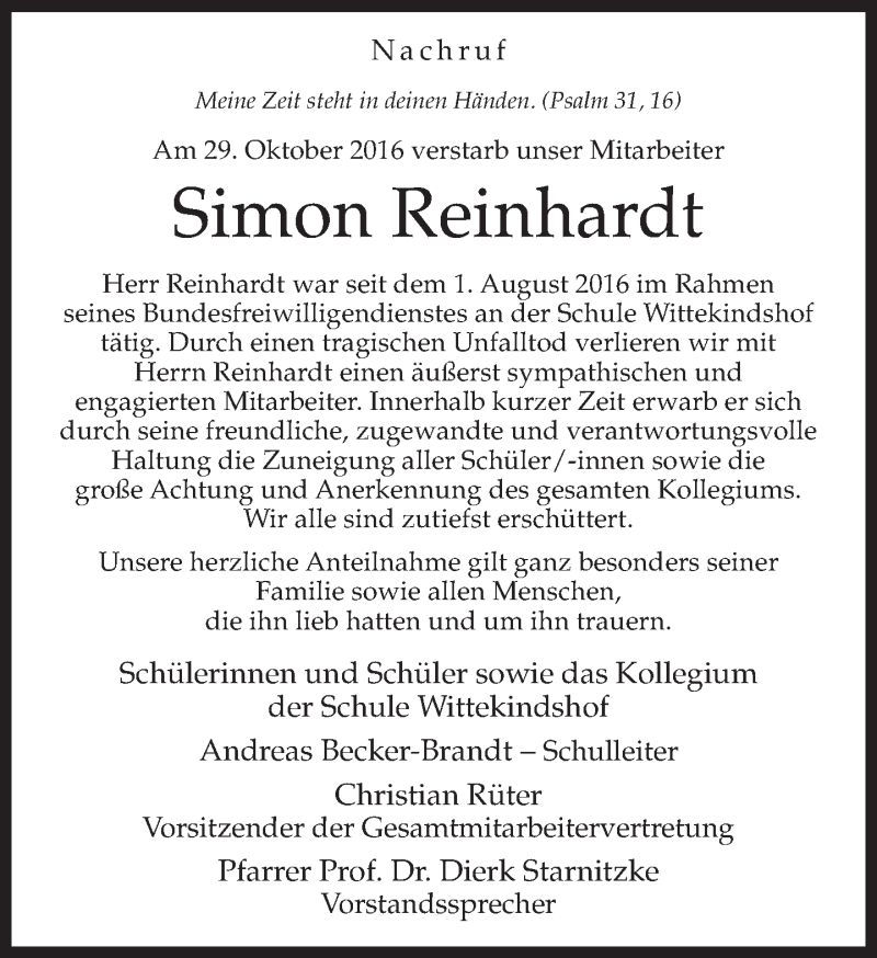  Traueranzeige für Simon Reinhardt vom 04.11.2016 aus Neue Westfälische