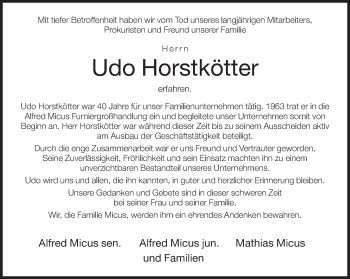 Traueranzeige von Udo Horstkötter von Neue Westfälische