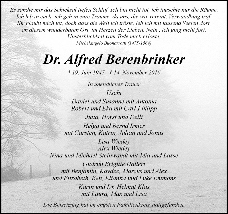  Traueranzeige für Alfred Berenbrinker vom 26.11.2016 aus Neue Westfälische
