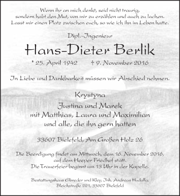 Traueranzeige von Hans-Dieter Berlik von Neue Westfälische