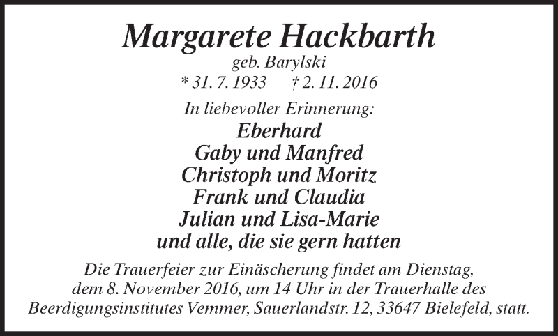  Traueranzeige für Margarete Hackbarth vom 05.11.2016 aus Neue Westfälische