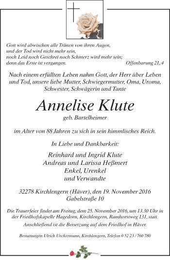 Traueranzeige von Annelise Klute von Neue Westfälische