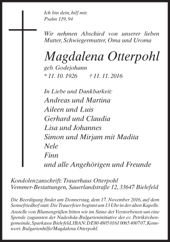 Traueranzeige von Magdalena Otterpohl von Neue Westfälische
