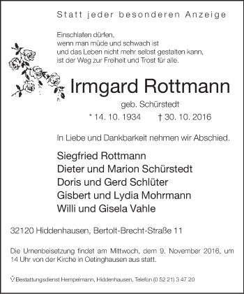 Traueranzeige von Irmgard Rottmann von Neue Westfälische