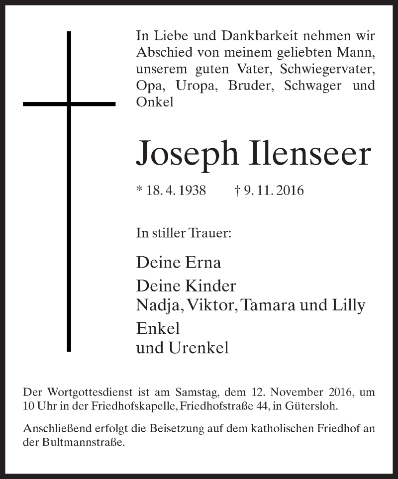  Traueranzeige für Joseph Ilenseer vom 11.11.2016 aus Neue Westfälische
