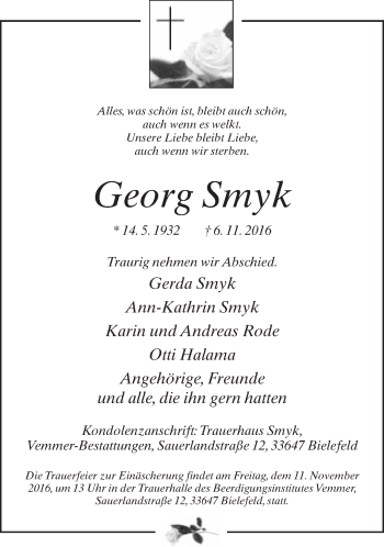 Traueranzeige von Georg Smyk von Neue Westfälische