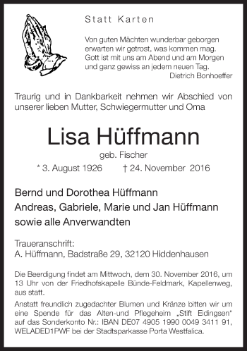 Traueranzeige von Lisa Hüffmann von Neue Westfälische