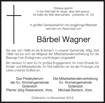 Traueranzeige von Bärbel Wagner von Neue Westfälische