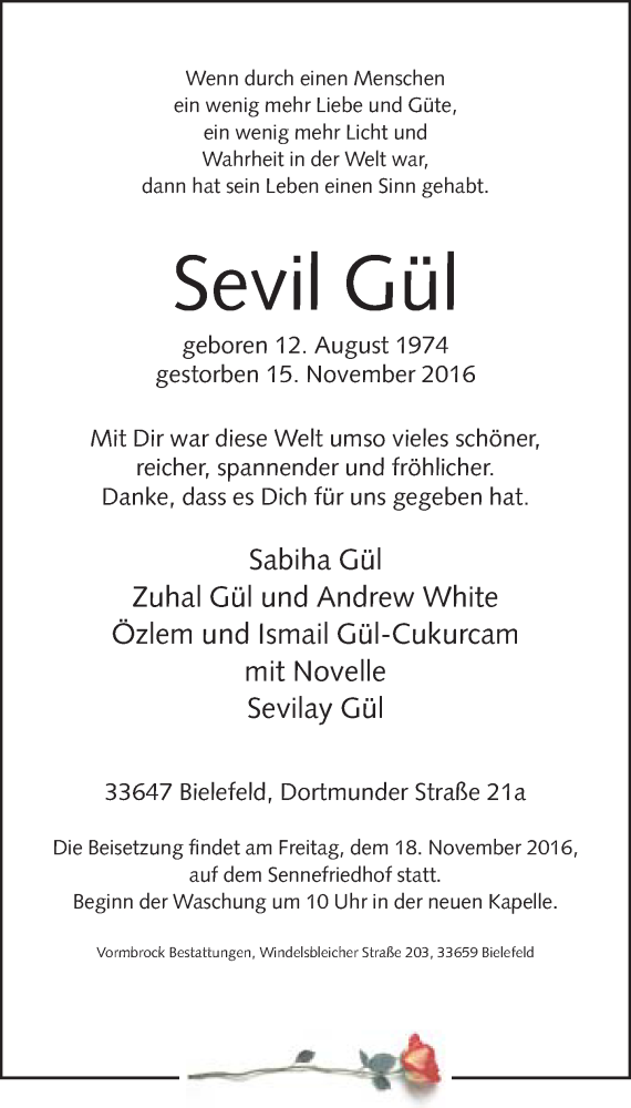  Traueranzeige für Sevil Gül vom 16.11.2016 aus Neue Westfälische