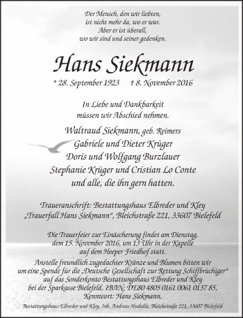 Traueranzeige von Hans Siekmann von Neue Westfälische