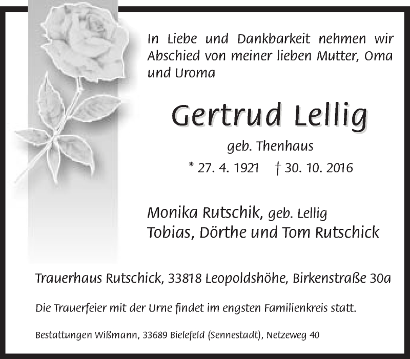  Traueranzeige für Gertrud Lellig vom 05.11.2016 aus Neue Westfälische