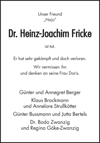 Traueranzeige von Heinz-Joachim Fricke von Neue Westfälische