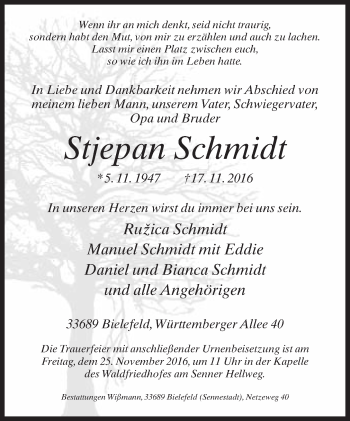 Traueranzeige von Stjepan Schmidt von Neue Westfälische