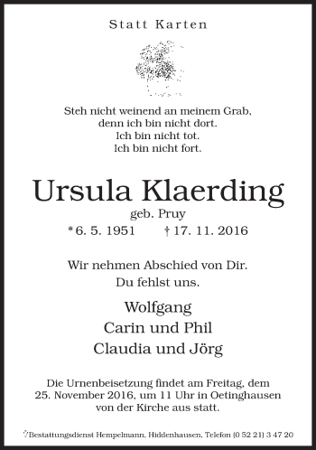 Traueranzeige von Ursula Klaerding von Neue Westfälische
