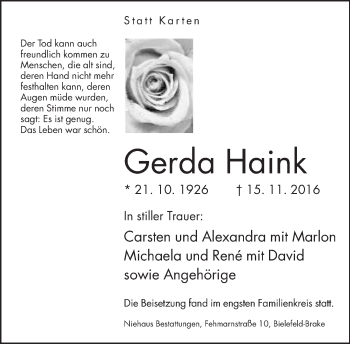 Traueranzeige von Gerda Haink von Neue Westfälische