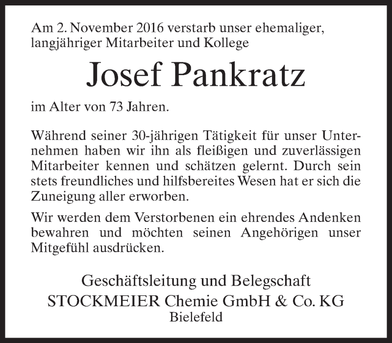  Traueranzeige für Josef Pankratz vom 12.11.2016 aus Neue Westfälische