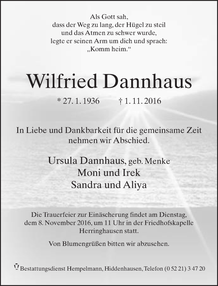  Traueranzeige für Wilfried Dannhaus vom 04.11.2016 aus Neue Westfälische