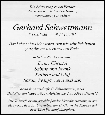Traueranzeige von Gerhard Schwettmann