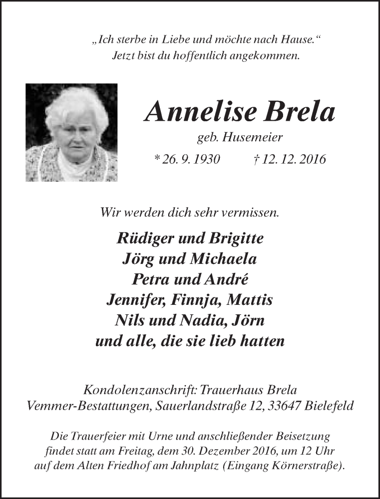  Traueranzeige für Annelise Brela vom 17.12.2016 aus Neue Westfälische