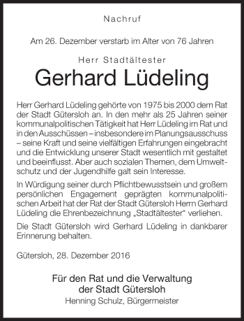 Traueranzeige von Gerhard Lüdeling von Neue Westfälische