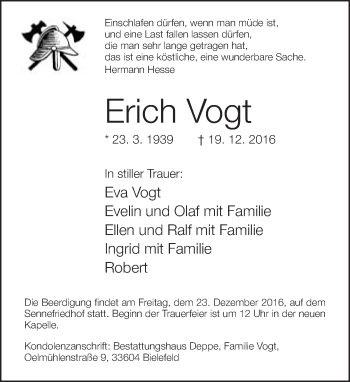 Traueranzeige von Erich Vogt von Neue Westfälische