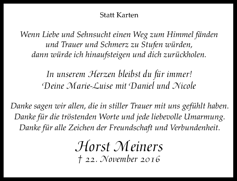  Traueranzeige für Horst Meiners vom 16.12.2016 aus Neue Westfälische