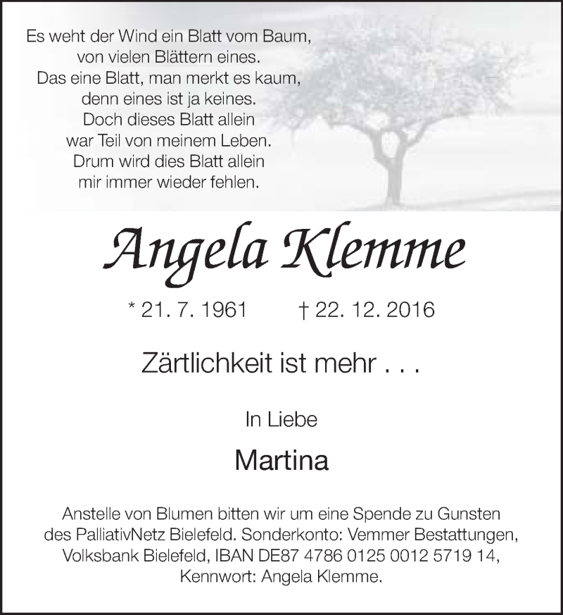  Traueranzeige für Angela Klemme vom 24.12.2016 aus Neue Westfälische