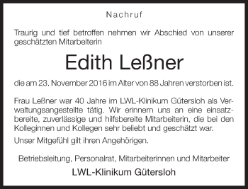 Traueranzeige von Edith Leßner von Neue Westfälische