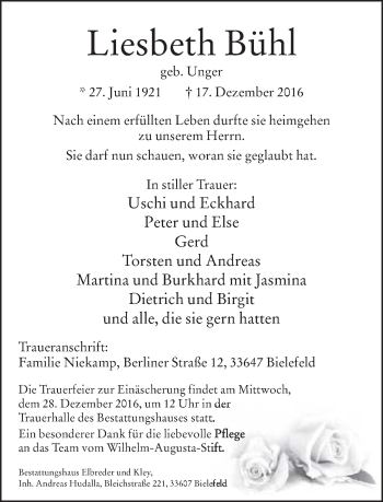 Traueranzeige von Liesbeth Bühl von Neue Westfälische