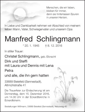 Traueranzeige von Manfred Schlingmann von Neue Westfälische