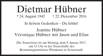 Traueranzeige von Dietmar Hübner von Neue Westfälische