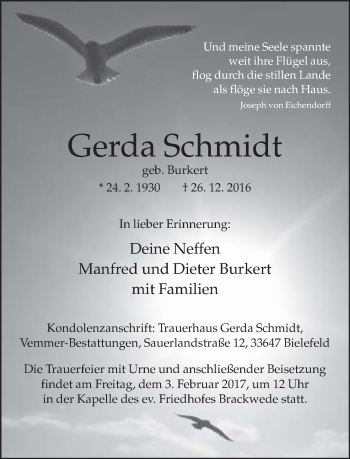 Traueranzeige von Gerda Schmidt von Neue Westfälische