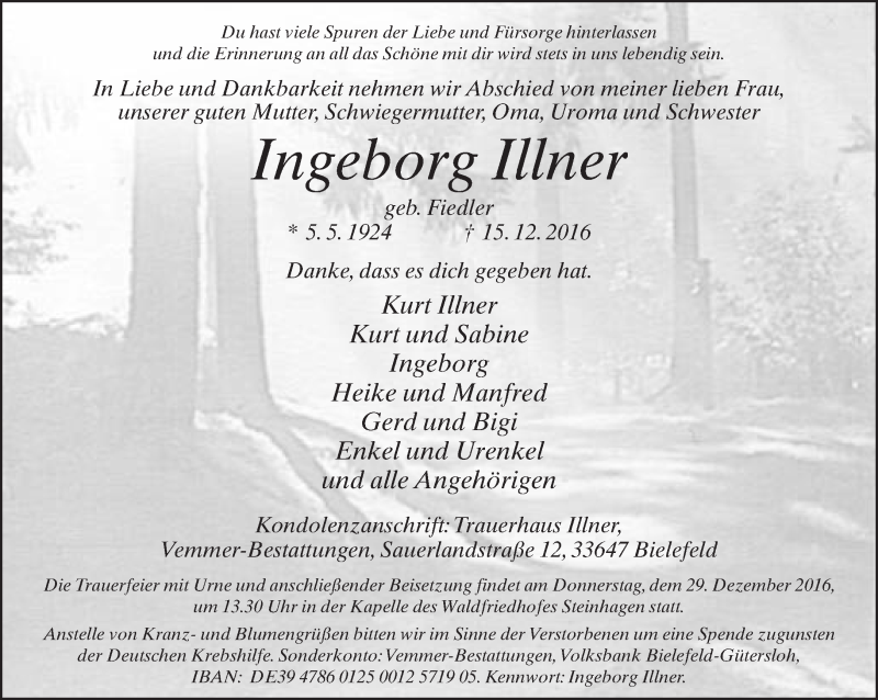  Traueranzeige für Ingeborg Illner vom 17.12.2016 aus Neue Westfälische