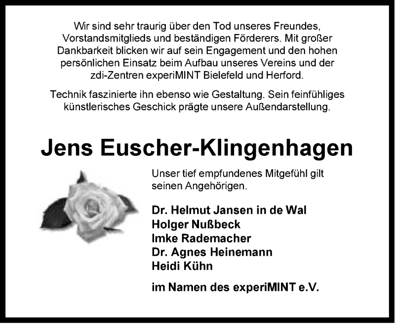  Traueranzeige für Jens Euscher-Klingenhagen vom 10.12.2016 aus Neue Westfälische